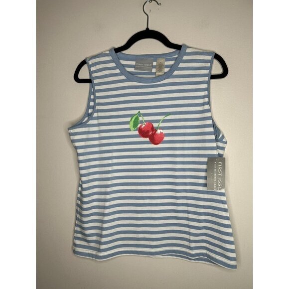 First Issue Liz Claiborne Blue White Striped Cherry Tank y2K Size Medium… - Picture 2 of 11